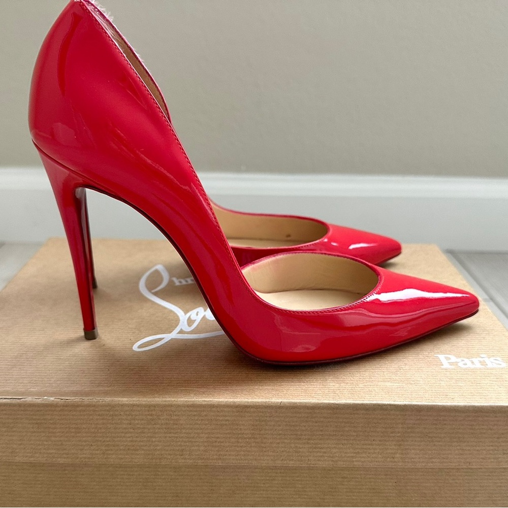 Christian Louboutin Red Stiletto Heels Iriza Patent Fraise 36.5 equals 6 to 6.5